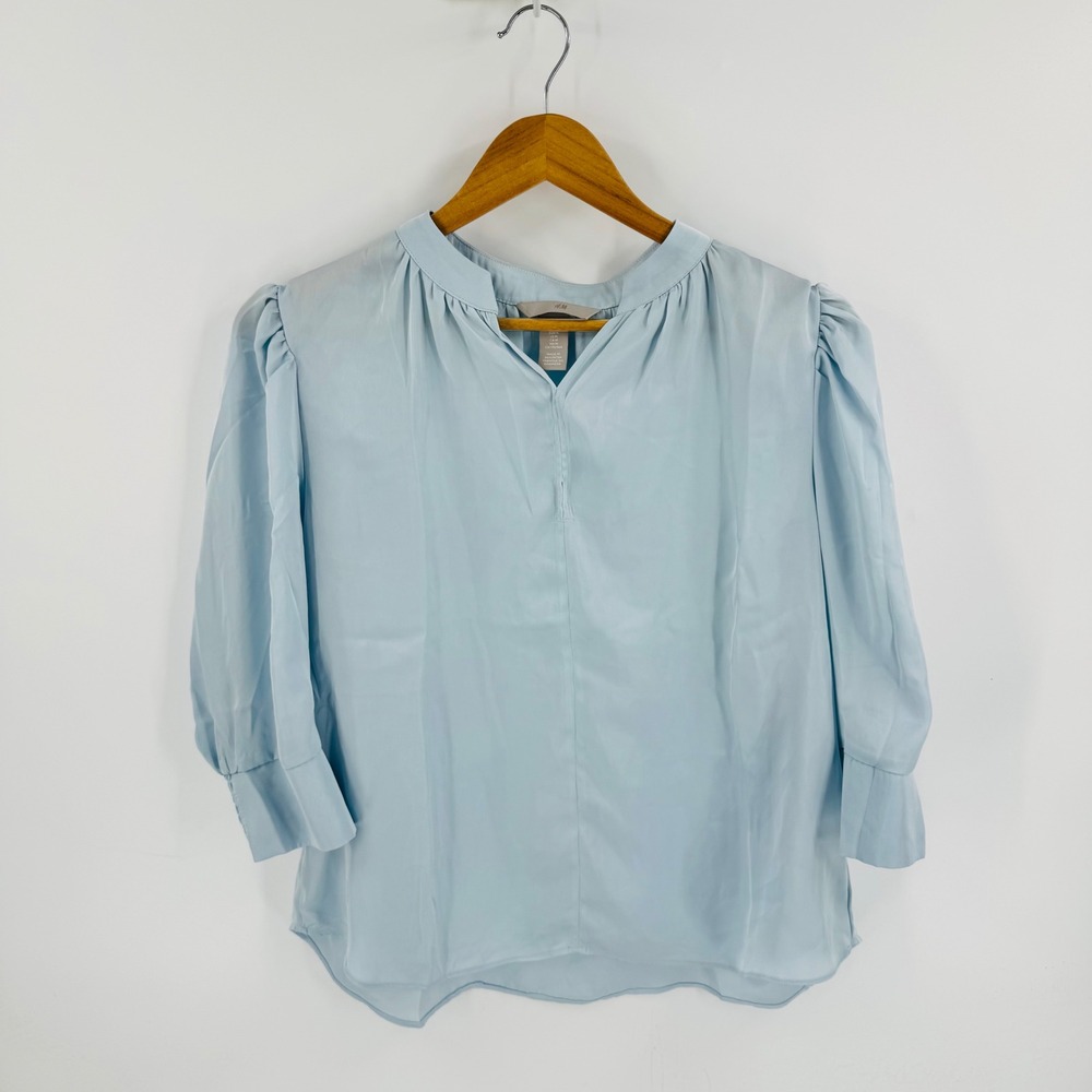 H&M Blouse Light Blue Stand Collar Puff Sleeve Polyester Pullover Top Size M - Picture 9 of 9